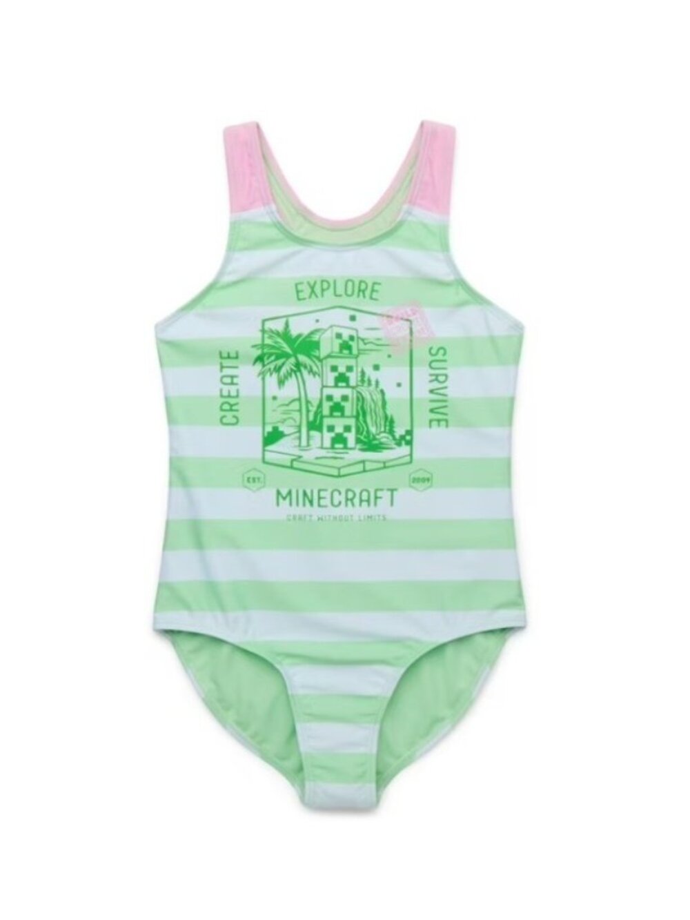 Minecraft Girls 1 Piece Swim Suit Sz XS (4-5) Green Pink Creeper Stack